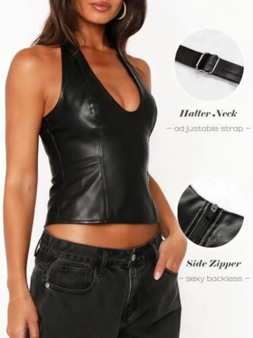 Faux Leather Halter Crop Top Women Backless Sleeveless Club Rave Y2k Zip